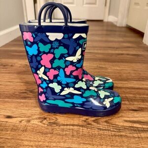 Girl’s Butterfly Oaki Rain Boots Light Weight Waterproof Handles Size 2